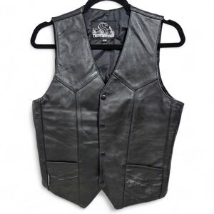 Leather King Motorcycle Vest Black Size 36 Snaps Pockets Lined